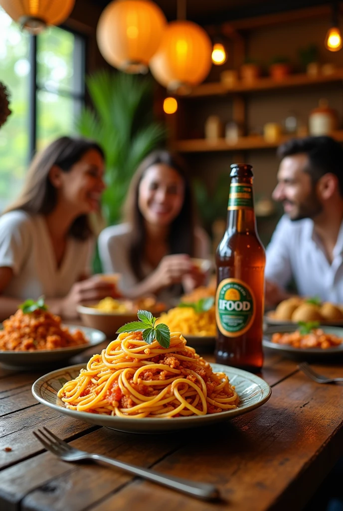 Cover for restaurant on Ifood with oriental features, Italian pasta dough, Brazilian family, Indian spices and bottle of beer