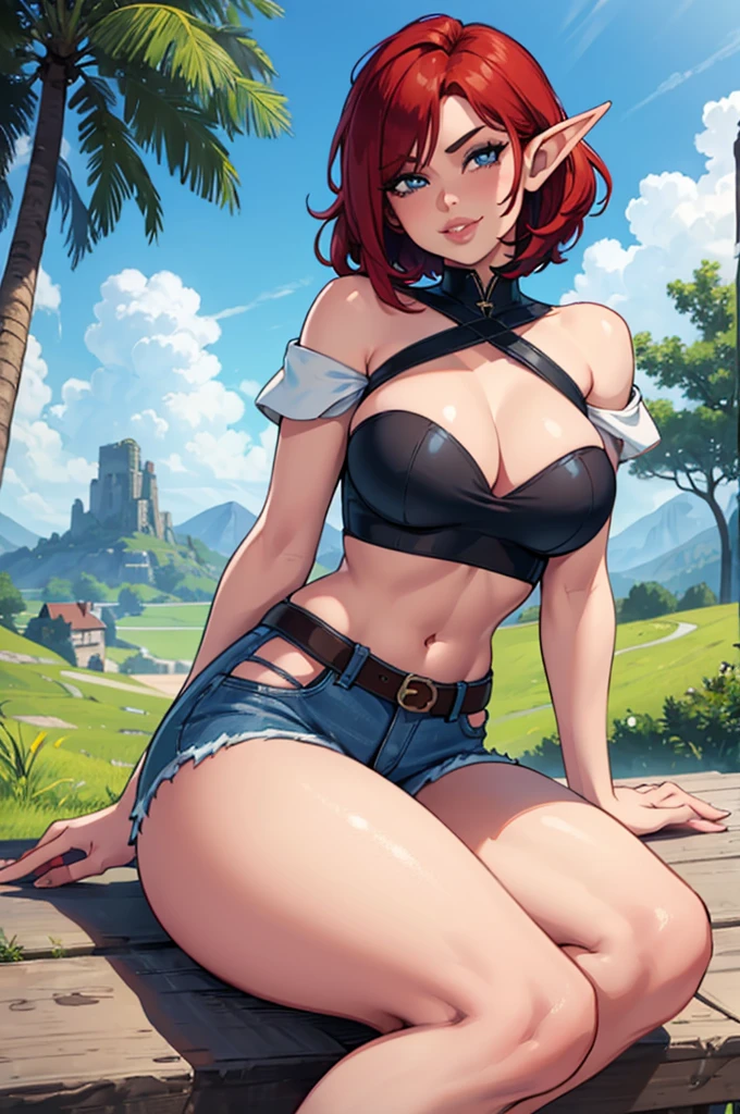 1girl, female mature elf, curvy body build, short red hair, blue eyes, white off shoulder sleeveless tee shirt, stomach showing, blue denim mini shorts, black stiletto high heels, seductive smile, seductive pose, sitting on grassy field, full pouty lips, front view, head tilted downwards slightly, eyes looking at viewer