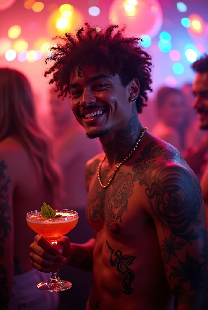 Handsome curly hair model boy with tattoos, at the disco drinking, 4k cinema camera