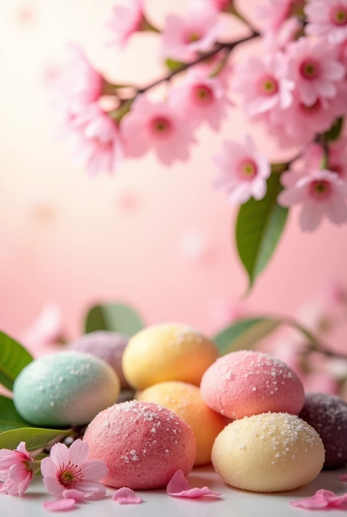 Mochi promotional banner with cherry blossom and leaf decoration