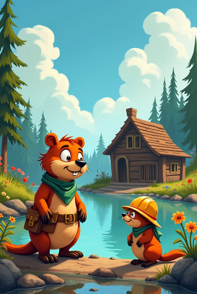 Make me a couple of beavers who see their house in ruins and sad ,with cartoon drawing