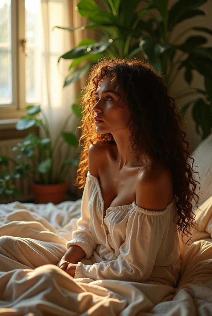 (photorealism:1.2), beautiful woman, sitting on bed, wearing loose off-shoulder top, pajama pants, long curly hair, indoors, soft lighting, plants in background, window with sunlight, cozy room, relaxed pose, realistic, intricate details, warm colors, by Greg Rutkowski, by Alphonse Mucha