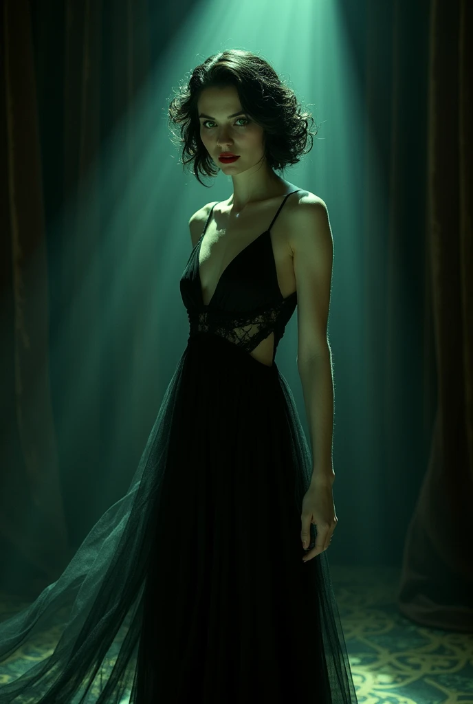 Ethereal woman with porcelain skin in a flowing black silk dress on an illuminated stage, her silhouette defined by spotlight, hypnotic green eyes that seem to glow from within, dark hair flowing like liquid shadows, red lips parted to reveal a hint of fangs, elegant and supernatural pose, 1920s ambiance, John Singer Sargent painting style