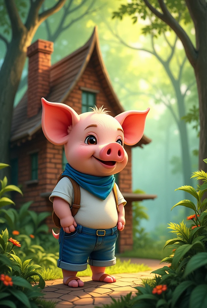 masterpiece, full-body illustration of a small cute piglet, (1male cute piglet:1.2), (satisfied expression:1.3), wearing a white t-shirt, blue jeans, and a blue bandana, (strong and hardworking:1.3), looking and admiring his two floor simple brick house with chimney in the middle of a jungle with trees, (nature background:1.2), sunlight filtering through the trees, (soft lighting:1.3), (warm and green color scheme:1.3), (highly detailed), (ultra quality:1.3), (masterpiece), (digital art), 8K resolution, HDR, depth of field, (soft shadows), (photorealistic:1.3), (animation:1.2), (by Greg Rutkowski:0.9), (in the style of Alphonse Mucha), trending on ArtStation, award-winning art