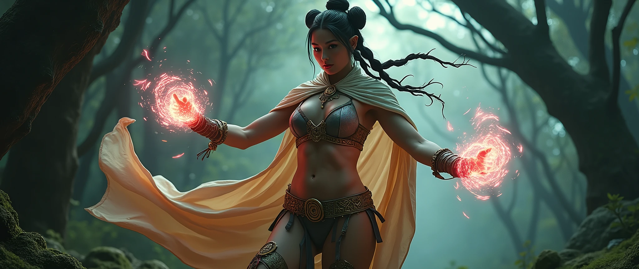 An elf mage in the guise of Chun-Li, in a dark and gloomy forest. She wears her traditional bun and braid hairstyle, with a flowing cape and a bikini with mystical symbols. Ribbons of magical energy wrap around her arms as she casts a powerful spell. The atmosphere is filled with deep shadows and twisted branches. The image has an epic fantasy style, with bright colors and magical effects, highlighting the majesty and grandeur of the scene.