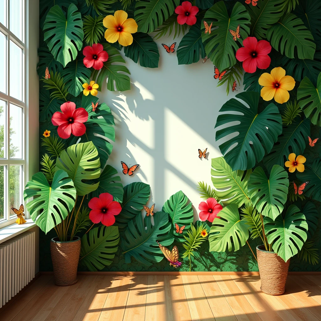 A wall painted with tropical plants