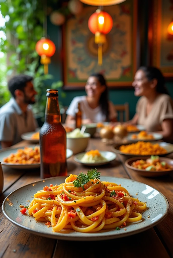 Cover for restaurant on Ifood with oriental features, Italian pasta dough, Brazilian family, Indian spices and bottle of beer