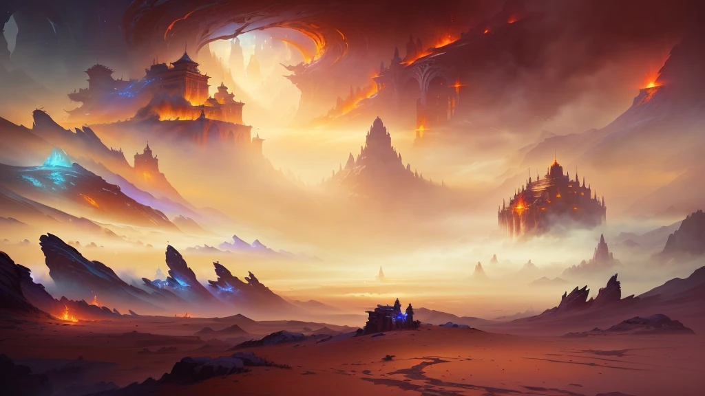 灵感来自Mark Simonetti, art style of Mark Simonetti, epic fantasy novel cover art, style of Mark Simonetti, Mark Simonetti. complex, Fantasy RPG Book Illustrations, 4k fantasy art, Detailed matte fantasy painting, Dungeons and Dragons Fantasy Art, d & d fantasy digital art,Background technology, Concept Art. Epic Landscapes, epic dreamlike fantasy landscape, World of Warcraft art style, painted as a game Concept Art, impressive fantasy landscape, Concept Art stunning atmosphere, Concept Art wallpaper 4k, high fantasy scenery, epic fantasy landscape,nobody