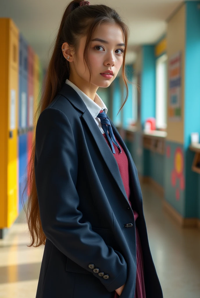 Woman, long hair tied back, single eyelids Braces your teeth, has a square face, wears a school uniform.