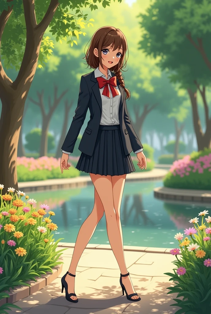 Schoolgirl in a suit with a pleated miniskirt, jacket and high-heeled sandals standing with her legs very open and full body in a park