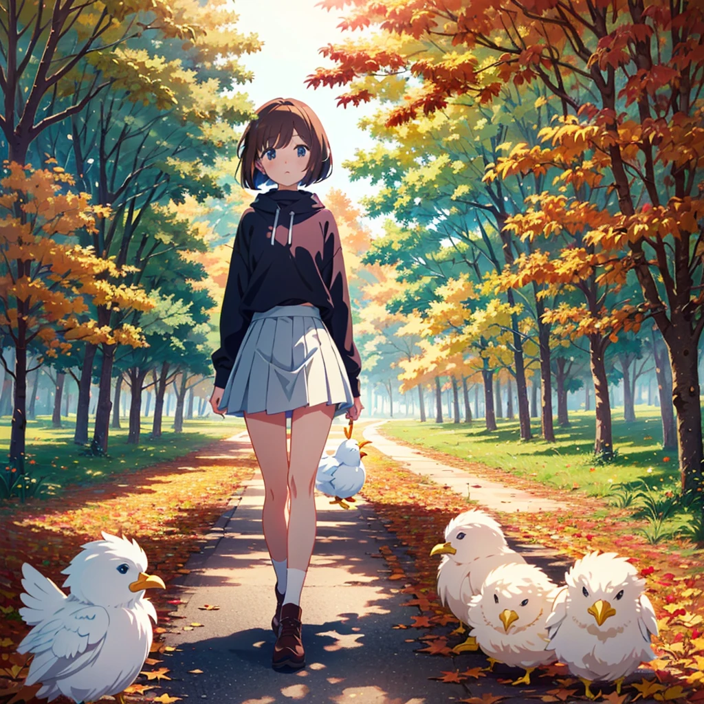 Masterpiece, highest quality, (animation style: 1.6), anime color, illustration, 1 woman, autumn clothes, miniskirt, bob cut, brown hair, chick, many chicks,