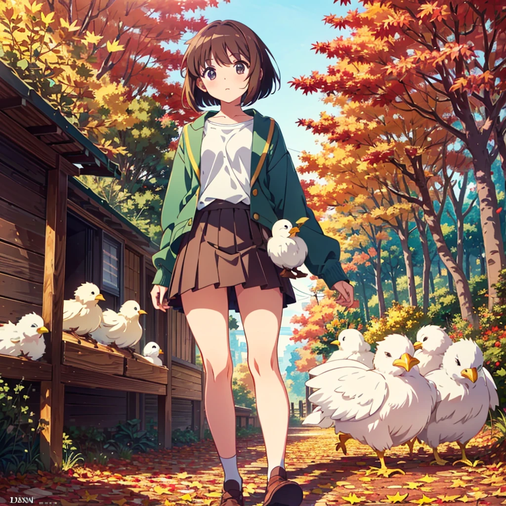 Masterpiece, highest quality, (animation style: 1.6), anime color, illustration, 1 woman, autumn clothes, miniskirt, bob cut, brown hair, chick, many chicks,