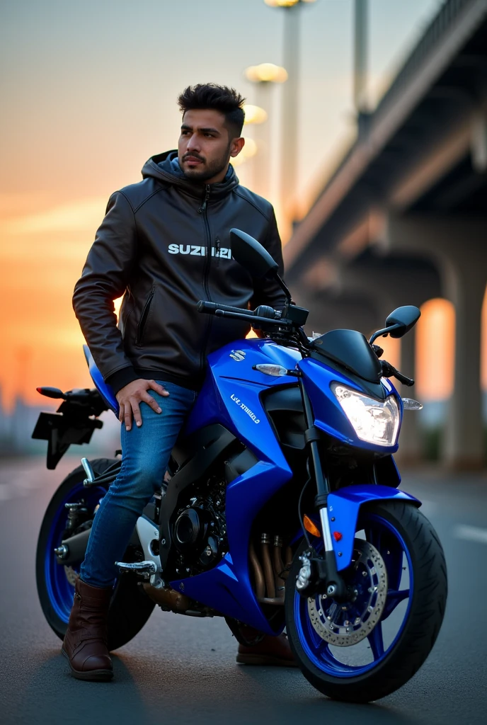 Blue suzuki gixxer naked motorcycle with the name Luis carrillo on a jacket