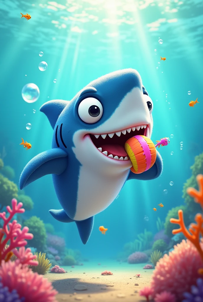 A shark, bIt isbê, fluffly, joking, com um brinquIt isdo, It is, com um brinquIt isdo, juntamIt isntIt is com uma criança, bIt isbê, fly away