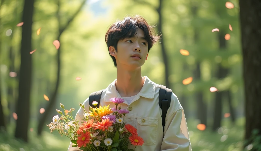 A Japanese male college student with short hair wearing fashionable clothes is holding a bouquet of flowers and looking into the distance,Excited, Photo of your face, In the forest where petals flutter, with a natural look, With a slightly tired look, tilt your face a little, Diagonal orientation, Average face