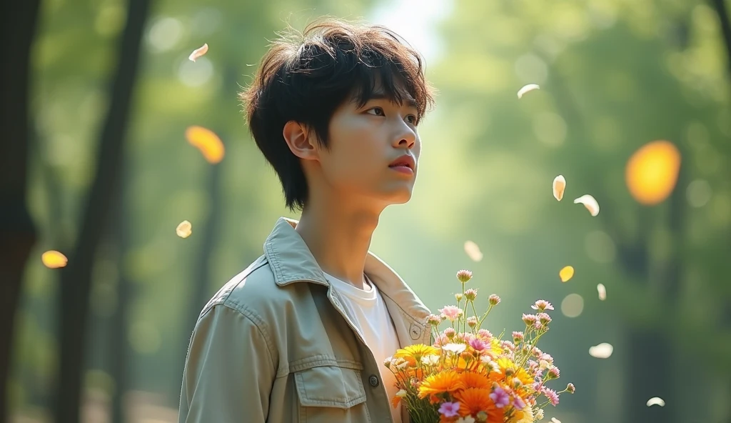 A Japanese male college student with short hair wearing fashionable clothes is holding a bouquet of flowers and looking into the distance,Excited, Photo of your face, In the forest where petals flutter, with a natural look, With a slightly tired look, tilt your face a little, Diagonal orientation, Average face