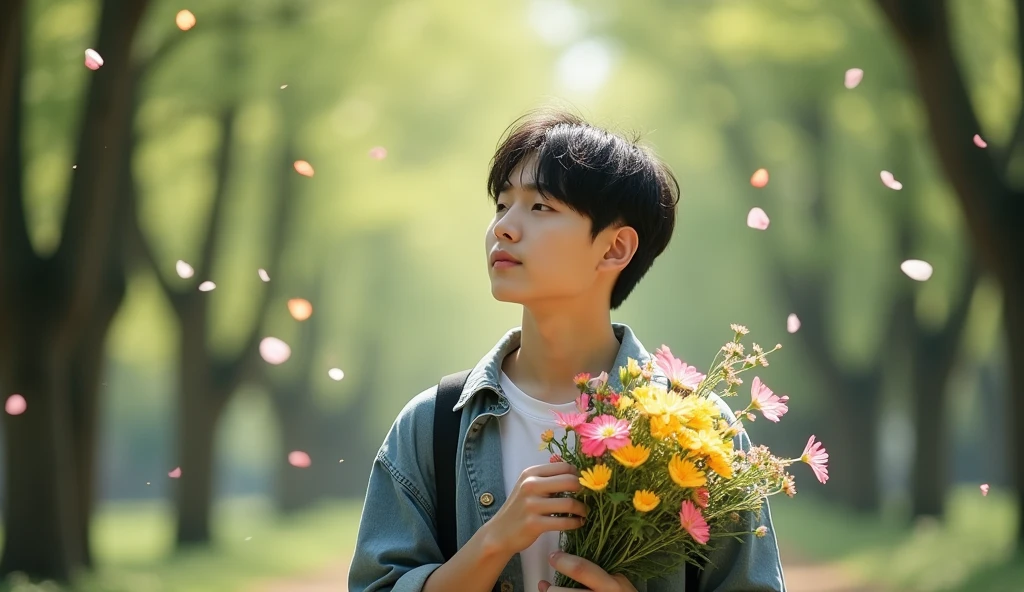 A Japanese male college student with short hair wearing fashionable clothes is holding a bouquet of flowers and looking into the distance,Excited, Photo of your face, In the forest where petals flutter, with a natural look, With a slightly tired look, tilt your face a little, Diagonal orientation, Average face