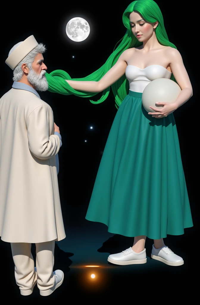white bearded man with white furry white tunic and green grass woman green grass skin green body front view , blue sea background sea water, the moon above the image and the sun below the image