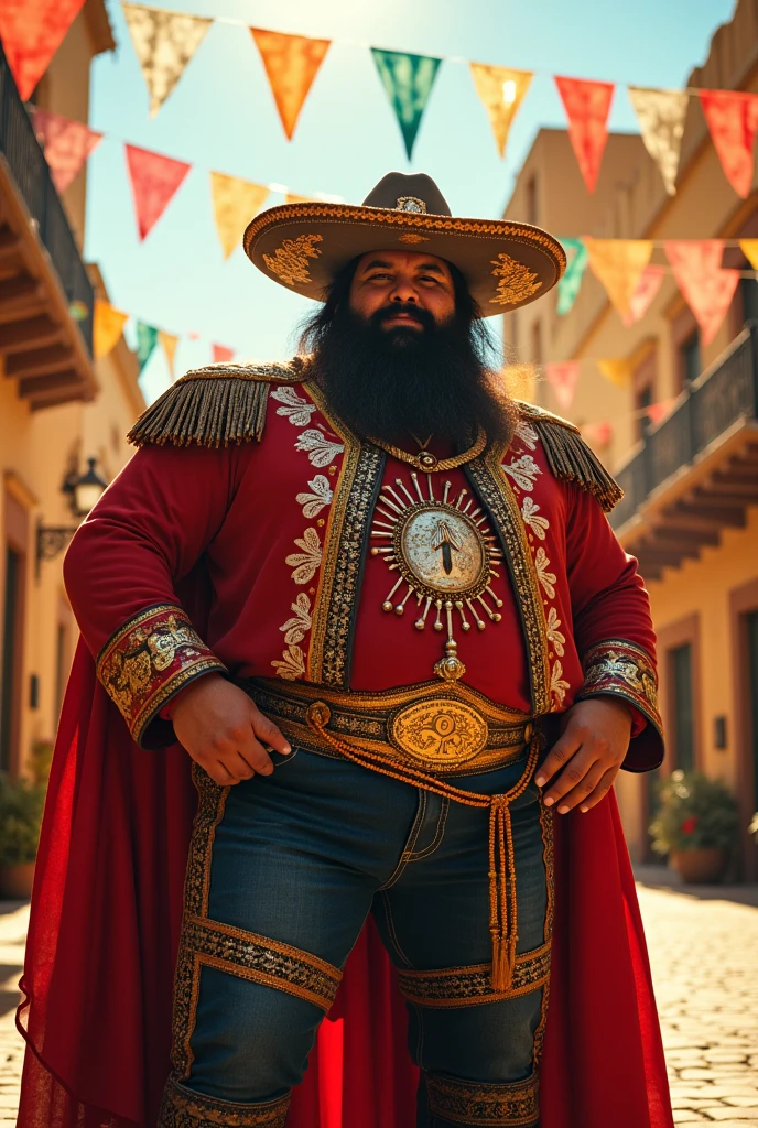Mexican hero wearing a bearded, pot-bellied Zorro-style mask 