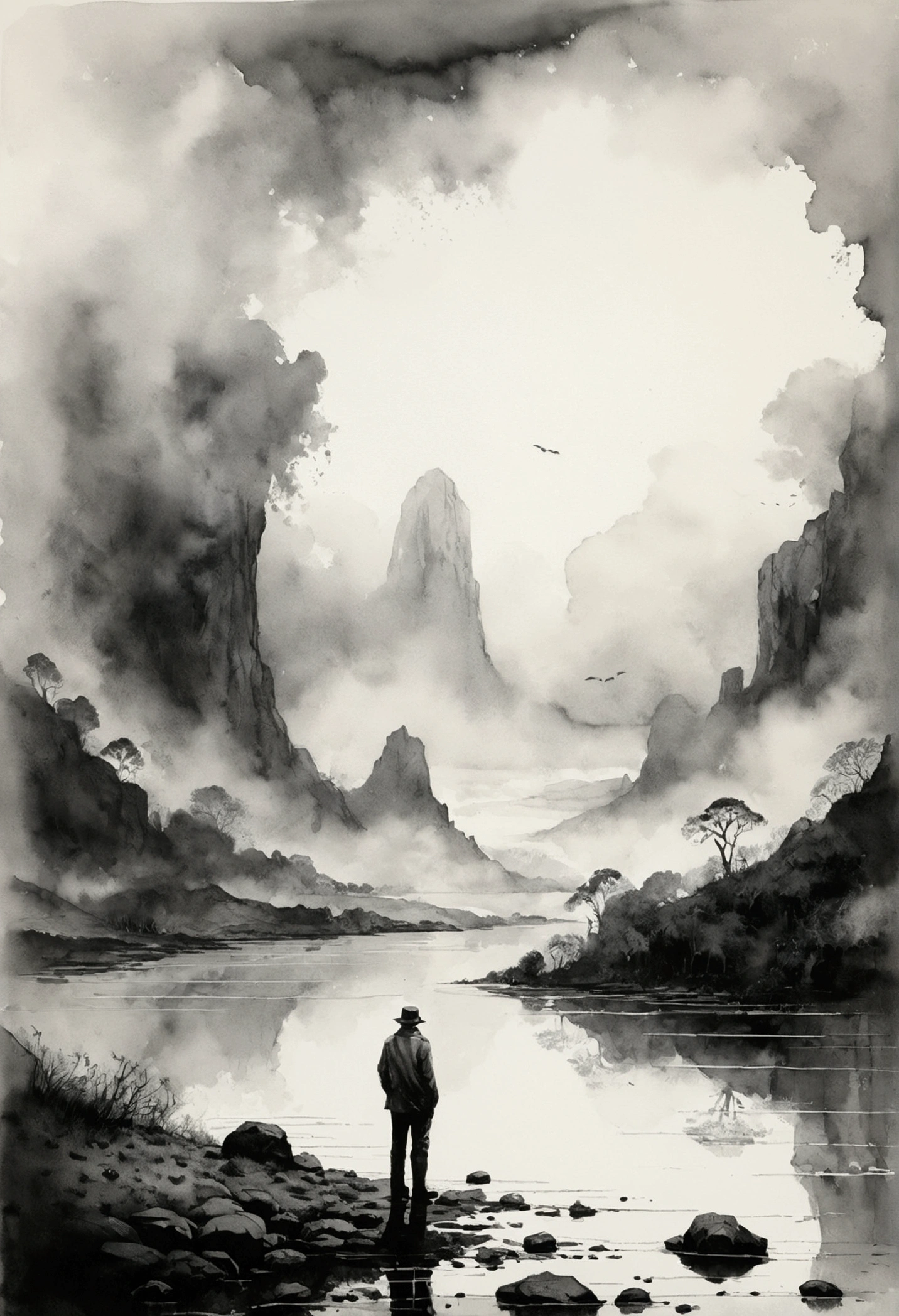 masterpiece,best quality,Norman Ackroyd Style,Fly dust etching,watercolor,black and white,illustration,Features,landscape, A person&#39;s entire head facing forward looking at viewer turns into white mist and floats away，