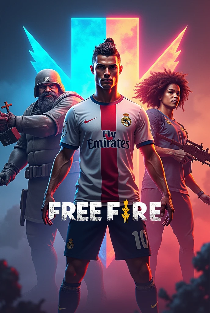 Create me a symbol that contains the free fire logo, and that it has the Pekka of Clash of Clans and the one of FIFA Mobile and that Cristiano Ronaldo appears with the Madrid shirt, and a phrase that says addicted to free. que la frese sea in Spanish solo la palabra "free" in English and "Addicted to" in Spanish.