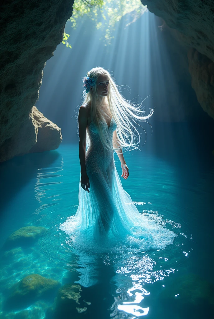 A water spirit, woman, bathing in the Blue water lagoon inside a cave