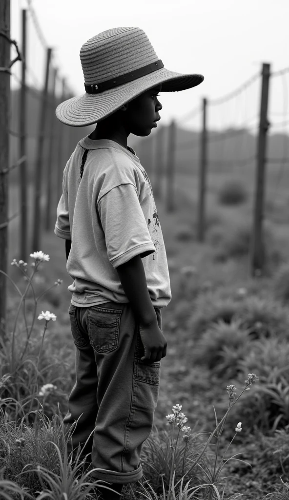 a dark-skinned or black orphan boy with a dirty and slightly torn white shirt, sombrero(chonete) dirty , disqualification,pantalon dirty abandonado, surrounded by pastures, fences, Representative vegetation of Costa Rica in the 20th century , that the photo is in black and white