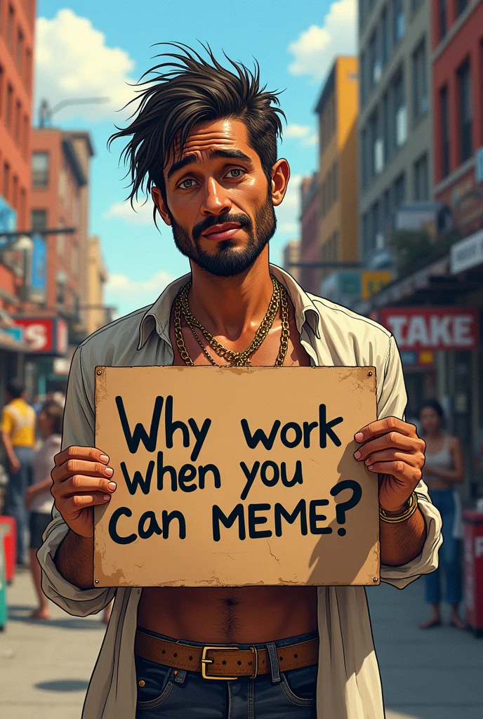 Face of a poor man who has money and does not want to work generates a meme to the image in a text
