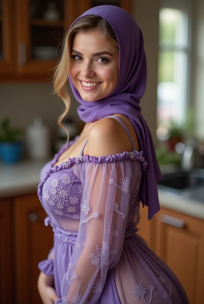 Hyper realistic, (beautiful  russian lolita Girl), (wearing modern hijab), wearing sexy seethru purple floral short house dress, mini floral house dress, ((lifted dress)), side , open breast, butt cleavage, slightly Chubby , (buttock:1.2), White Skin, Smiling, kitchen Background, upper body, Perfect Potrait, Bokeh Effect, Look at Viewer, Perfect Eye, Perfect Hand, Perfect Finger, medium breasts, ((adorable:1.2)), ((masterpiece:1.1)), ((bokeh:1.2)), side view, seductive pose