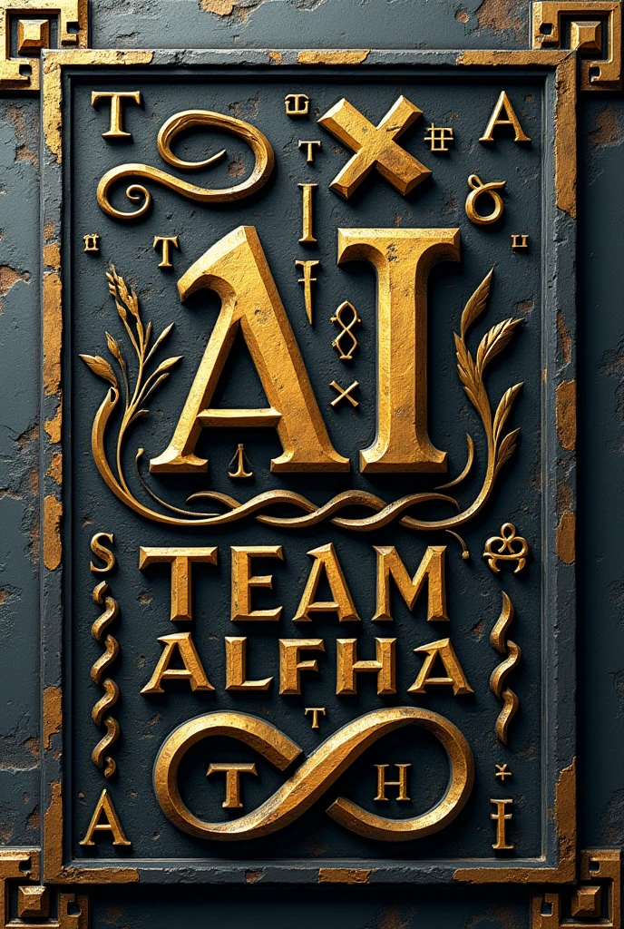 Generate a logo where it says "Team Alfa" , The logo must include a lowercase alpha letter, and must include several mathematical symbols. It should also have an antique look with Greek or Roman style typography.