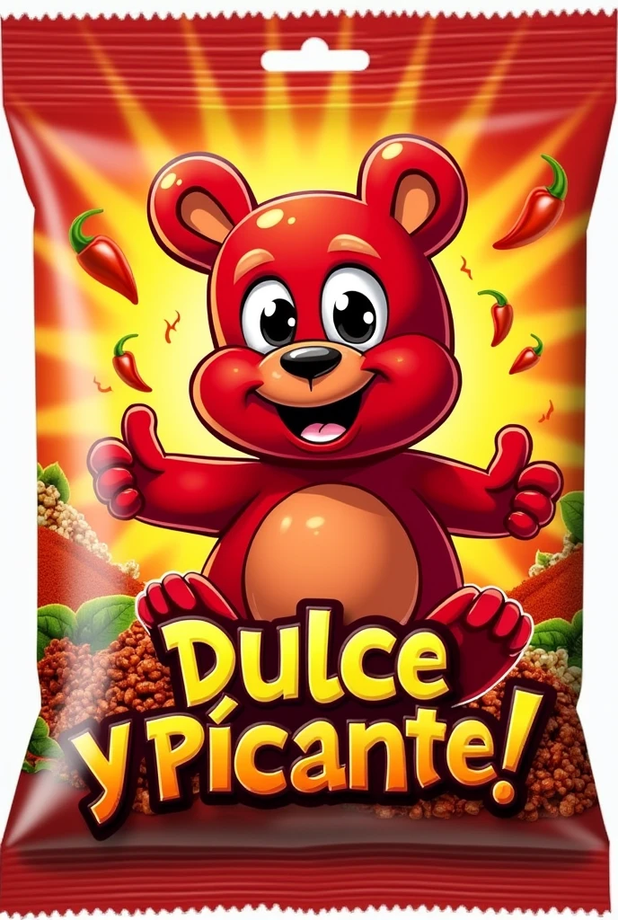 Create a creative label for a spicy gummy bear business with a slogan in Spanish 
