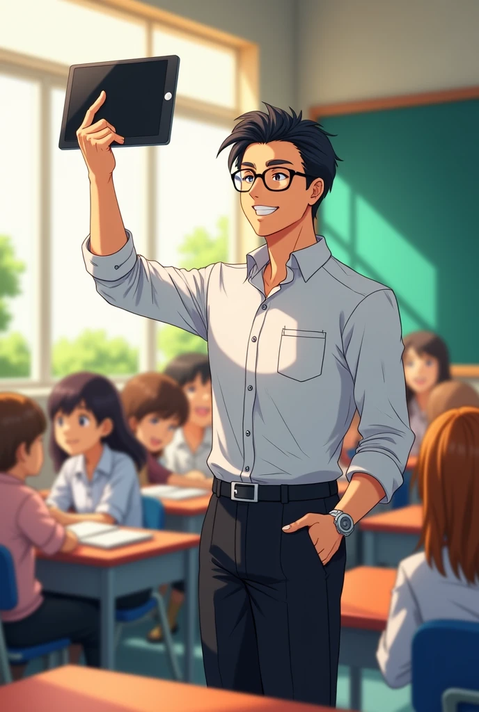 Black hair male teacher, wearing glasses, wearing a white shirt and black pants, holding an iPad, anime image, background image teaching students
