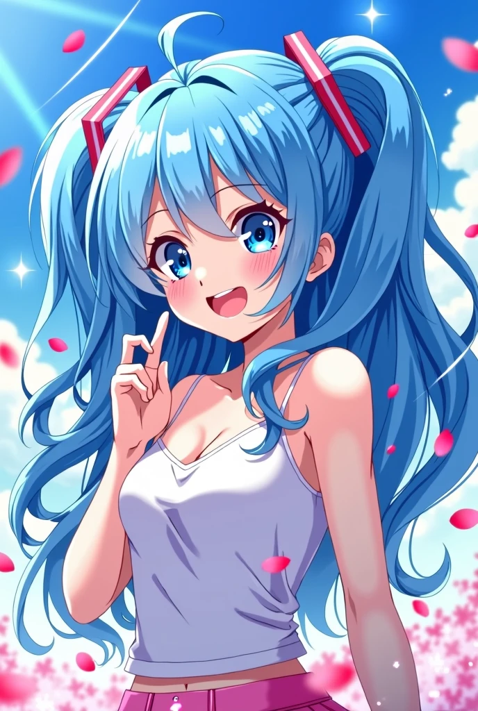The image features a vibrant and lively anime character with striking blue hair and pink lips.., She is naked and has a playful and attractive pose.