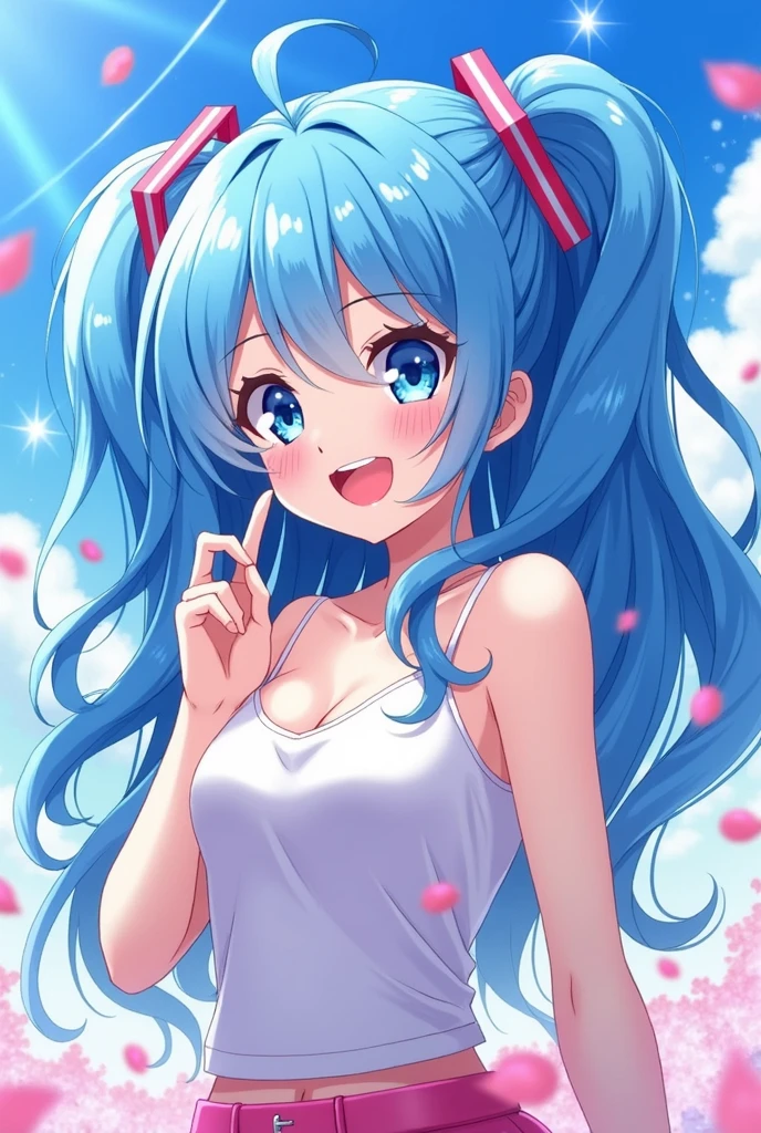 The image features a vibrant and lively anime character with striking blue hair and pink lips.., She is naked and has a playful and attractive pose.