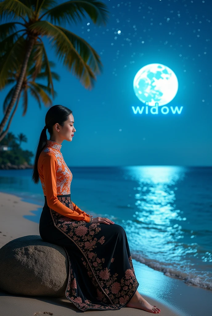 A Chinese-Thai woman wearing an orange and white lace patterned Thai dress, black short skirt with Thai pattern, fashion accessories with hair tied in a ponytail, bench on the rock with coconut tree, half story house in modern style, langit, twinkling stars, silver moon on sea background.display "widow" on his clothes.blue neon font