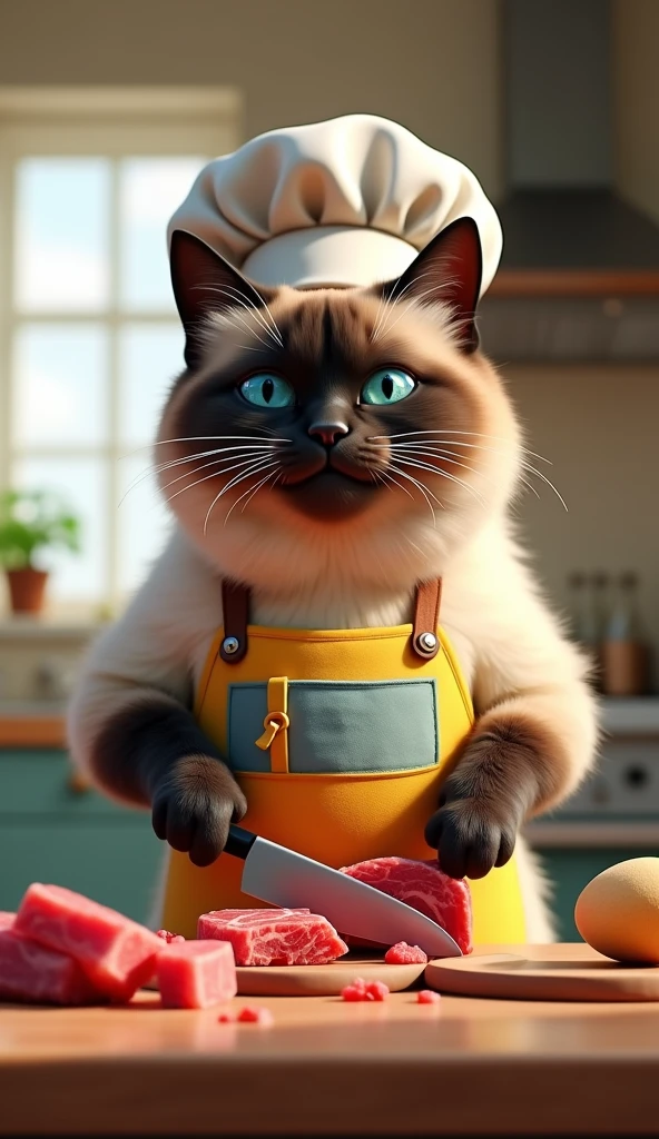 cute big fat siamese cat wear clothes, happy expression, cutting meat beef using knife, Use maximum realistic, As in the photo. In the background, draw a clear kitchen without blurring. ultra realistic, 3d render