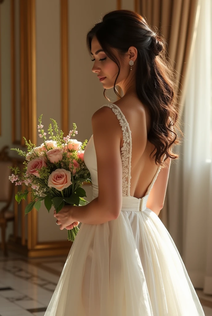 Visão de frente mostra ter uma figura bastante esguia. Rear view, bunda grande e redonda, Ela tem cabelo branco-acinzentado , ela tem cabelo curto e grandes olhos verdes claros, Sasha Gray is wearing a short plain white linen dress with a wonderful design, que envolve seu corpo elegantemente. O vestido abre com uma grande fenda nas costas, revelando a beleza de suas costas, e um toque de renda suave aparece, increasing the elegance of the design. A garota parece muito elegante, with a distinctive hairstyle that gives your overall appearance a touch of charm and beauty.
A carries a wonderful bouquet of various flowers in bright and cheerful colors. The bouquet looks huge with roses, freesia, lilyum e outras flores deliciosas e alegres. The bouquet adds a touch of romance and beauty to the bridal look.
The girl is shown inside the wedding hall with warm and romantic lighting. The thin curtains flowed beside her, reflecting soft lights onto your dress to make it look even brighter. The luxurious decoration of the hall complements the charming environment, como paredes ornamentadas, golden columns and decorations.
The bride looks beautiful and radiant in this luxurious environment. Her elegant look and carrying a bouquet of flowers give the photo beauty and great appeal., and she looks perfect like a charming bride eagerly awaiting the new beginning of their shared life., decote exposto, seios grandes, Qualidade superior, Muitos detalhes, Sharp and realistic Puri focus