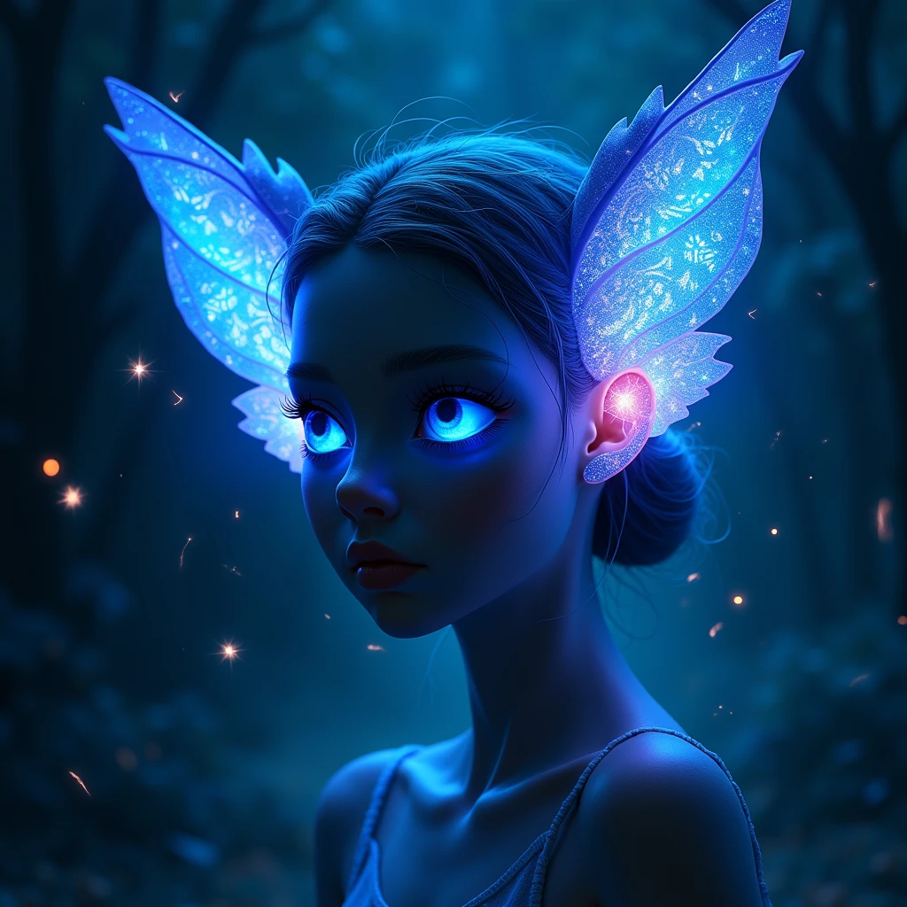 Dibujo de orejas humanas normales con oídos espirituales en tonos azules neon realist sobrenatural con chispas fuego, realist