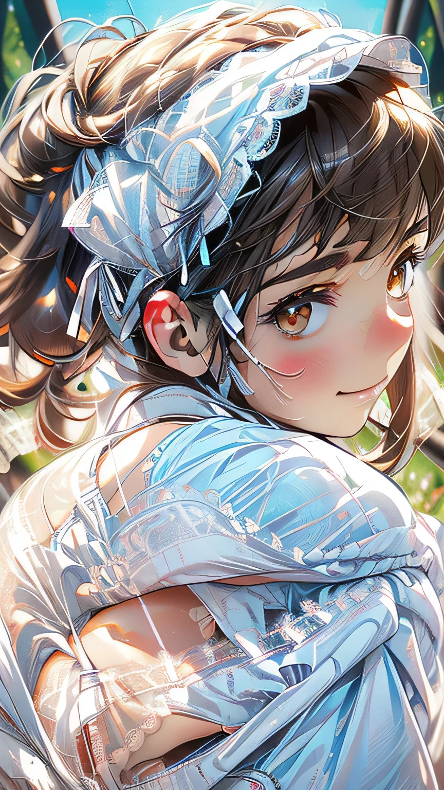 (masterpiece:1.2, Highest quality), (Realistic, photoRealistic:1.4), Beautiful illustrations, (Natural Side Lighting, Cinema Lighting), ((Very big butt))
1 girl, Japanese, Perfect Face, cute and symmetrical face, Glowing Skin, 
(Mid-length hair:1.2, Half Up:1.4, Light brown hair), Asymmetrical bangs, Brown eyes, Long eyelashes,
Beautiful Hair, Beautiful Face, Beautiful details, Beautiful clavicle, Beautiful body, Beautiful fingers, (((Panties are visible:1.5))) ((Very large saggy tits:1.5)), ((In underwear:1.8))((White lace bra:1.6))((White lace panties:1.6))Very large breasts,16 year old , Thick thighs,(((cowboy shot)))
(Beautiful views), evening, (River side), Are standing, (cute, cute smile, Upward glance),