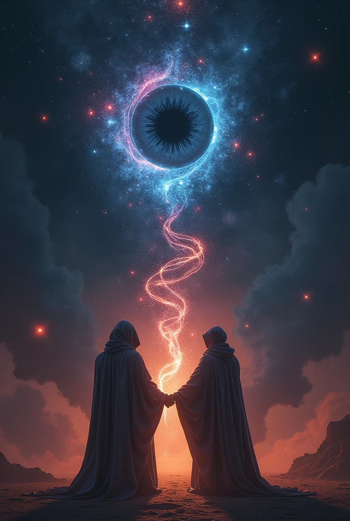 Make starwars while holding hands while making energy coming out of your hands and looking at the dark sky with a cosmic dark eye, around the eyes there is black smoke