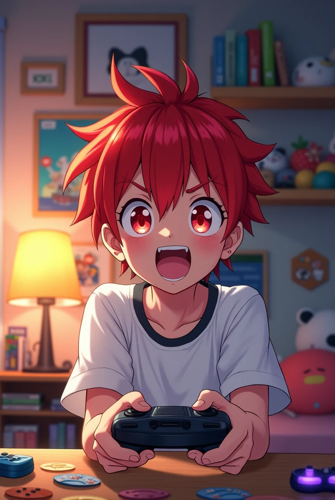 Anime of a boy with red hair red eyes and white shirt and at his home while holding a video game controller in his hand