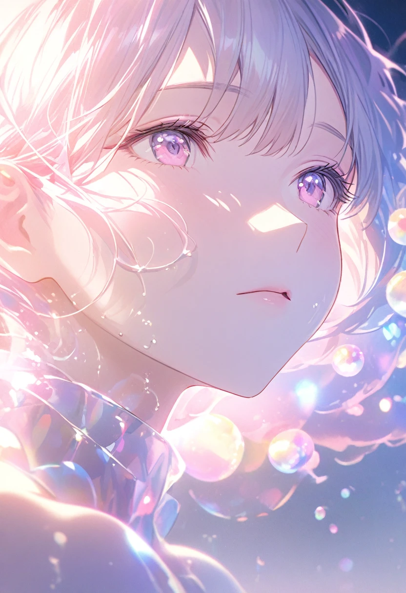 A person lying in the water,With smooth abstraction,Reflection and mirror styles,Transparent light pink,Shimizu,White soap bubbles,Bokeh photos,Close-up from the neck up,Head close-up