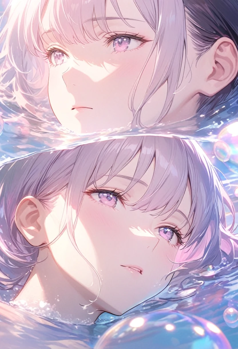 A person lying in the water,With smooth abstraction,Reflection and mirror styles,Transparent light pink,Shimizu,White soap bubbles,Bokeh photos,Close-up from the neck up,Head close-up