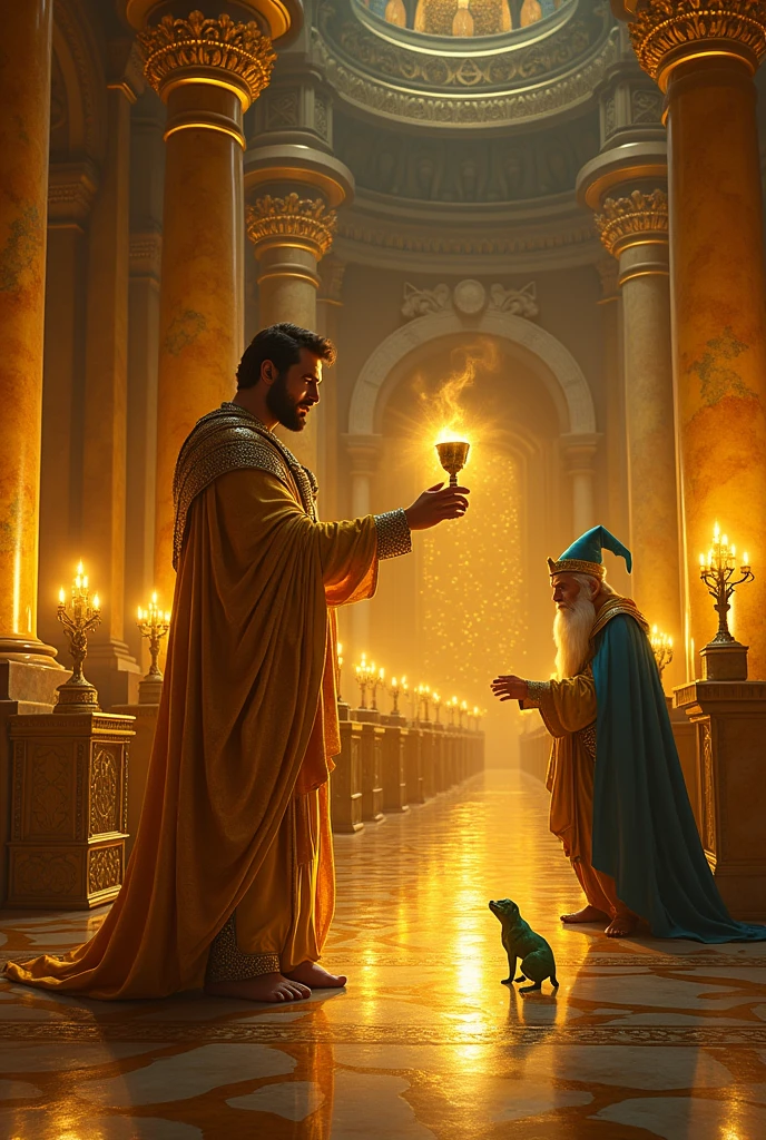 King Midas loved gold. Everything he touched turned to gold. It was great at first, but soon, his food, his wife, even his beloved dog became gold. Desperate, he sought a wise old wizard. The wizard chuckled, "Touch a frog, Your Majesty." Midas did. And as if by magic, everything returned to normal. The king learned that while gold is precious, life's true riches are far more valuable.