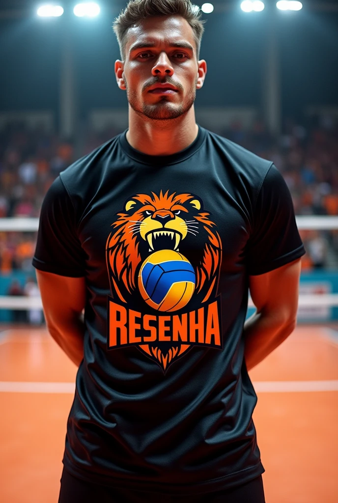 Black and orange Resenha shirt, with team name on chest, with a print of a lion biting a volleyball