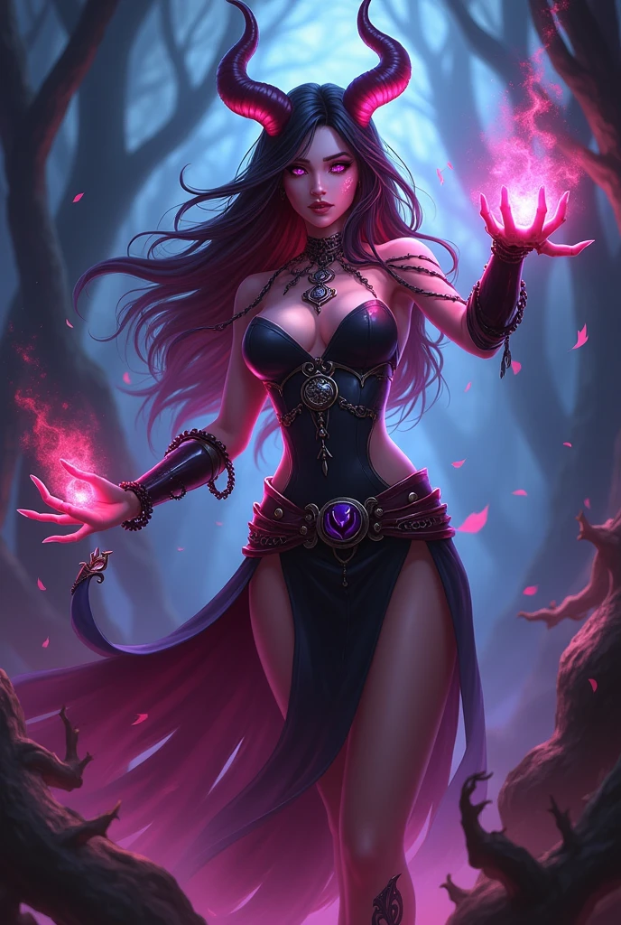 Estes from Mobile Legends but with a demonic aura and female version, attractive