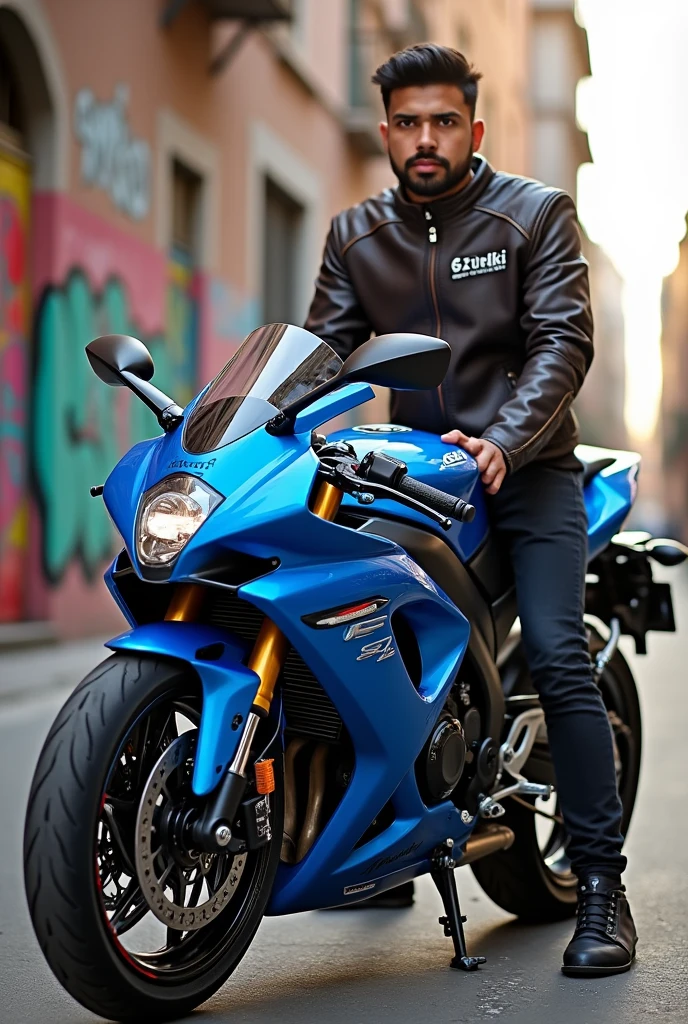 Blue suzuki gixxer naked motorcycle with the name Luis carrillo on a jacket
