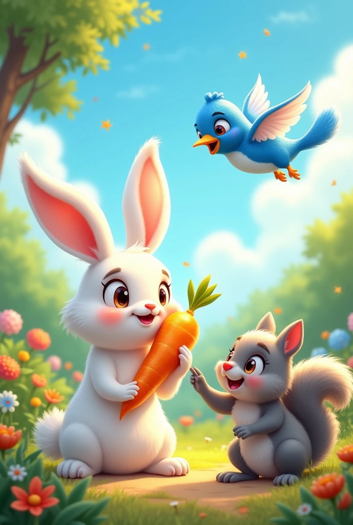 a white rabbit, A blue bird and a gray squirrel eating a golden carrot cartoon