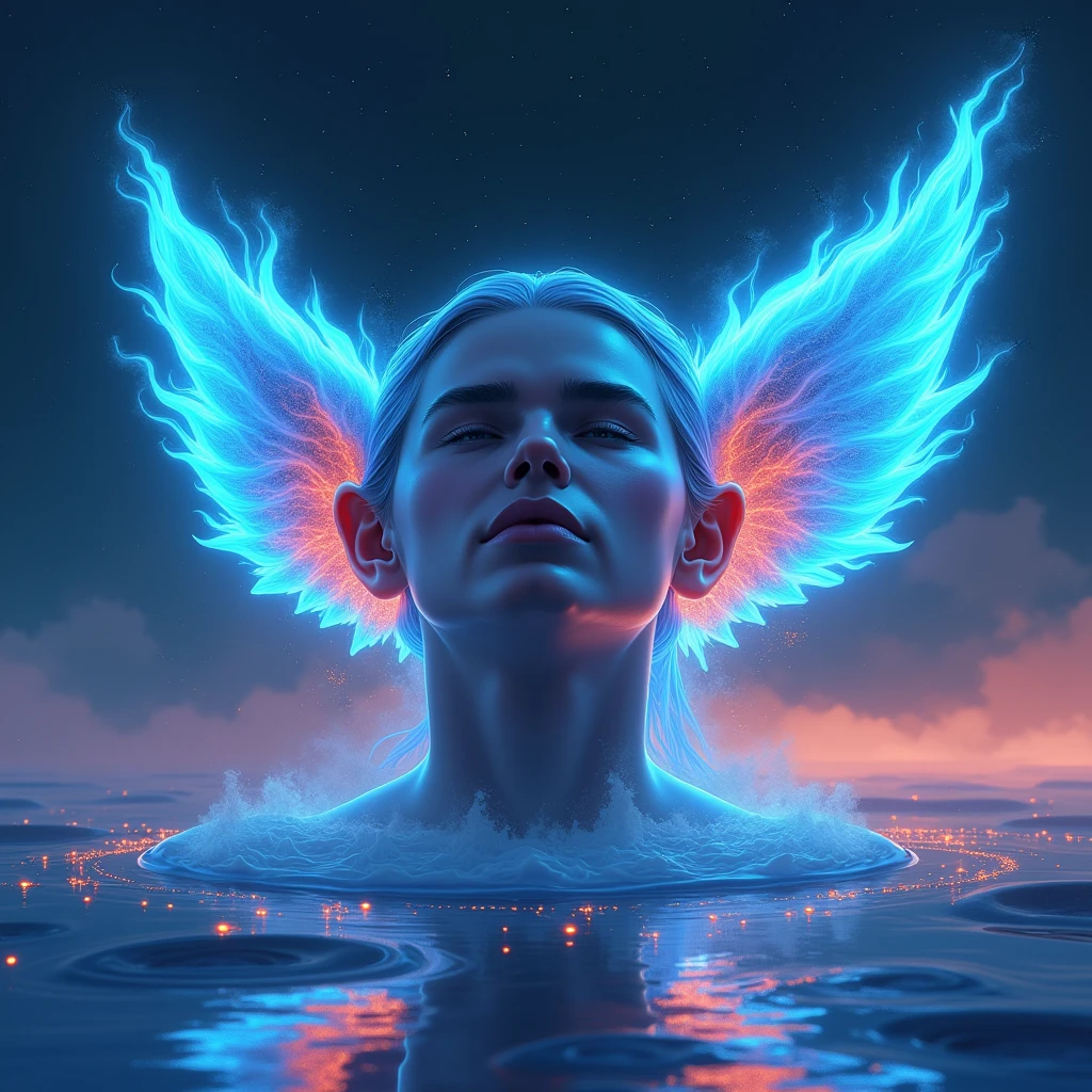 Dibujo de orejas humanas normales con oídos espirituales en tonos azules neon realist sobrenatural con chispas fuego, realist