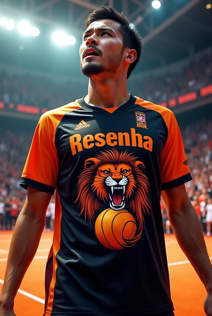 Black and orange Resenha shirt, with team name on chest, with a print of a lion biting a volleyball